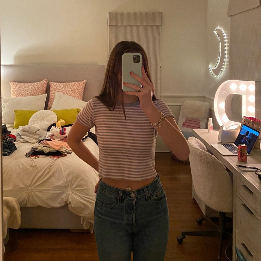 pink and grey striped top
